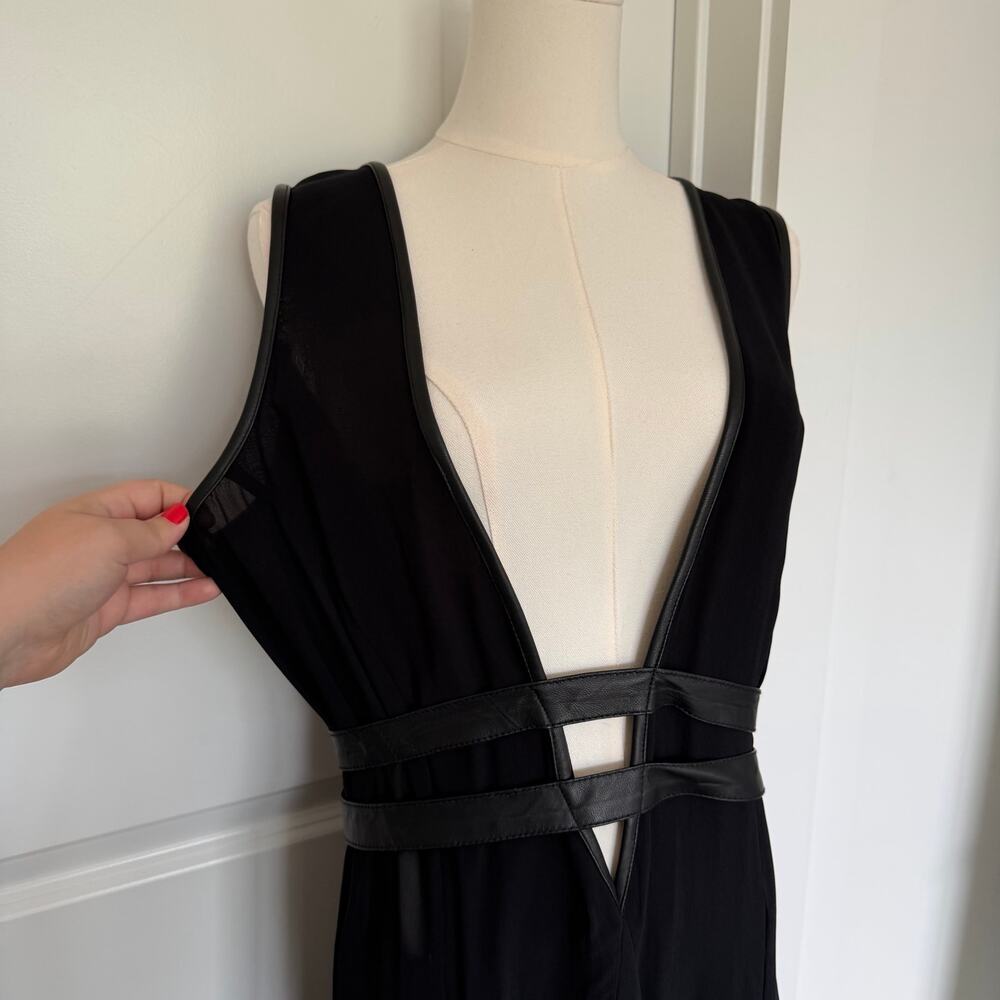 Nicholas K XL NWT Rhine Dress Leather Trim Plunge Georgette Maxi Gown Black - Picture 5 of 12